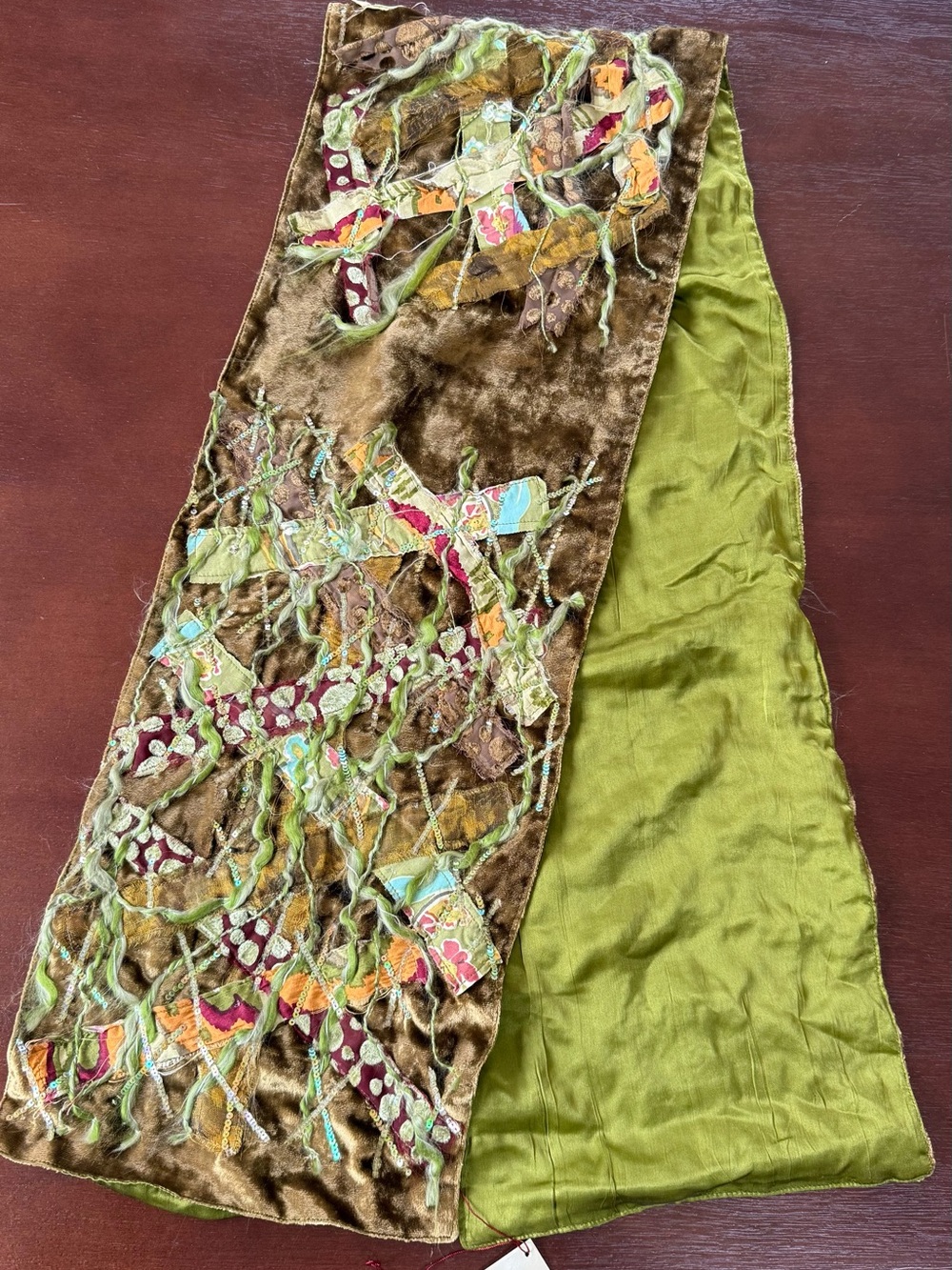 IDEA Plus Velvet Patchwork Scarf in Olive Green
